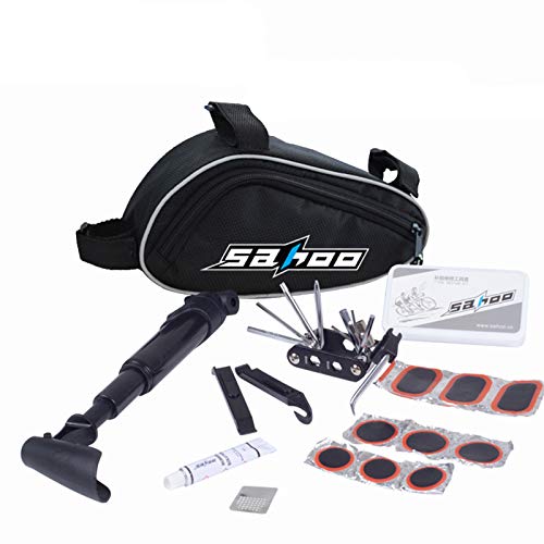 TFJ Bike Tyre Repair Kit with 120 PSI Bicycle Tire Pump, 14 in 1 Bicycle Multi Tool Kit Chain Splitter Self Adhesive Tube Patch Portable Repair Cycling Tool Set for Road Mountain BMX