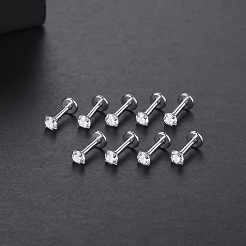 Xpircn 9Pcs 16G Stainless Steel 3Mm Cubic Zirconia Labret Monroe Lip Ring Tragus Helix Earring Studs #TOP7