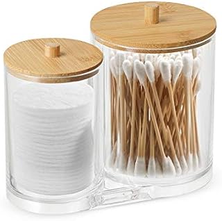 Hwtcjx Cotton Pad Holder, Bathroom Jars, Cotton Pad Storage, Made of PS Material, with Wooden Cover, Durable, Dust-proof and Moisture-proof, for Living Room, Bedroom, Study Room, Bathroom