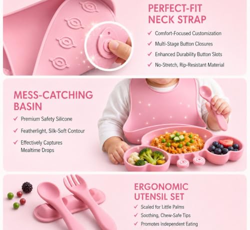 Image of JAAIP Silicone Baby Feeding Set - Suction Plate, bib, Fork, Bowl and Spoon for Products 6 to 12 Months Babies Spoons with Plates for Eating (Pink)