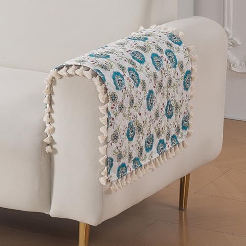 Image of HOKIPO Cerulean Bloom Quilted Sofa Armrest Cover - 1 Pair | 'Tassel Twigs' Series (IN-987-T6*2)
