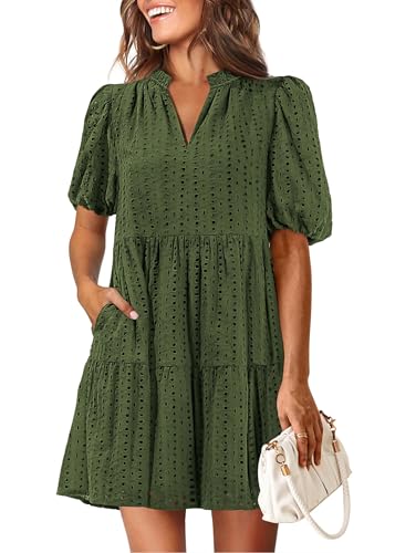 KIRUNDO Eyelet Summer Dresses for Women 2026 Mini Casual Hollow Out Short Sleeve Lace Tiered V Neck Shift Dress Pockets(Army Green, Medium)