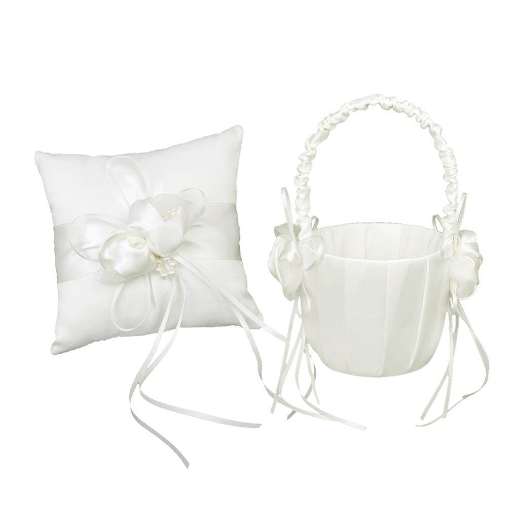 FOXCUP freneci Boda Marfil Satén Perla Cuentas Anillo Almohada Almohada Cojín & Cesta de Flores