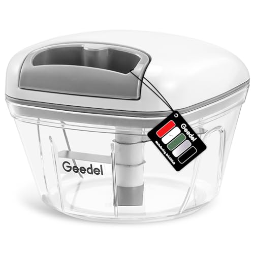 Geedel Zwiebelschneider, 500ML Zwiebel Zerkleinerer mit Seilzug, Gemüseschneider Zerkleinerer Manuell mit Edelstahlklingen, Multizerkleinerer Zwiebelhacker für Gemüse, Obst, Zwiebeln, Knoblauch, Nüsse 1