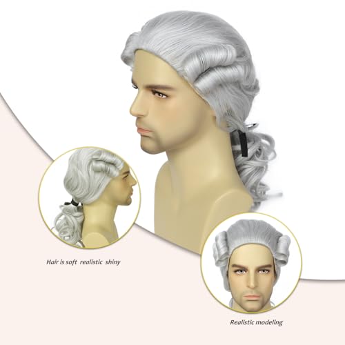Image of Men's 18th Century Colonial Judge Wig, Noble Aristocrat Court Wig, Historical Barrister Gentleman Cosplay Wig for Halloween and Christmas Theme Party(Light Gray)