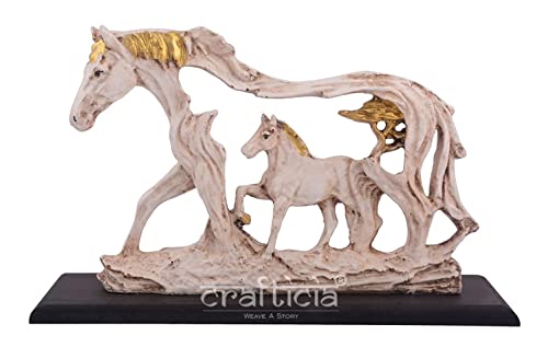 Image of Resin Horse Statue with Baby Horse Animal Figurine On Wooden Base for Feng Shui and Vaastu Statue (27.5X7.5X20 cm, Off White)
