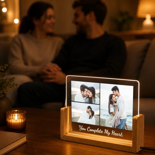 Image of Giftplease Personalized LED Acrylic Photo Frame with Custom Picture and Text, Couple Memory Night Lamp, Wooden Base Table Decor, Romantic Bedroom Display, Home Accent Art, Anniversary Decor, Wedding