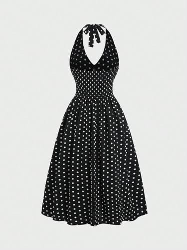 Image of Aahwan Polka Dots Halter Long Dress Backless A Line Flared Vintage Party Club Dresses for Women's & Girl's