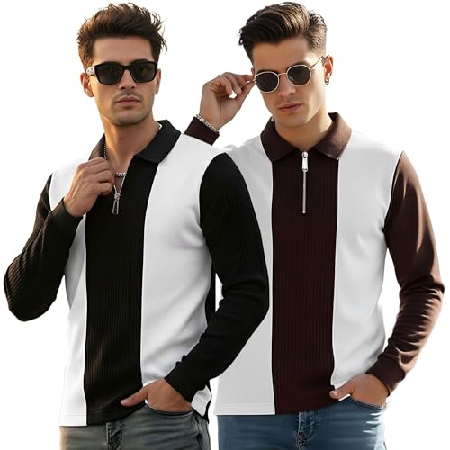 Image of T-Shirt for Men Zip Neck Texture Self Design Cotton Blend Mens Tshirts