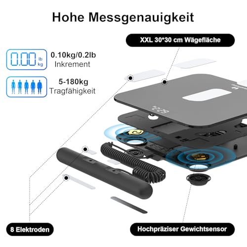 Körperfettwaage Digital Personenwaage Bluetooth mit 8 Elektroden Ganzkörperanalyse Waage mit APP und Handsensoren Smart Körperwaage für 18… – Ansicht 4