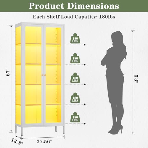 Image of Lucky Monet 5-Tier Glass Display Cabinet with LED Lights, 67 inch Tall Metal Curio Cabinets with Glass Door and 4 Adjustable Shelves, Large Display Case for Collectibles Figures China Books (White)