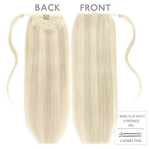 Image of WENNALIFE Ponytail Hair Extension, 22 Inch 90g Ash Blonde Highlighted Platinum Blonde Ponytail Extension Human Hair Clip in Wrap Around Remy Human Hair Extension Hairpieces Real Human Hair