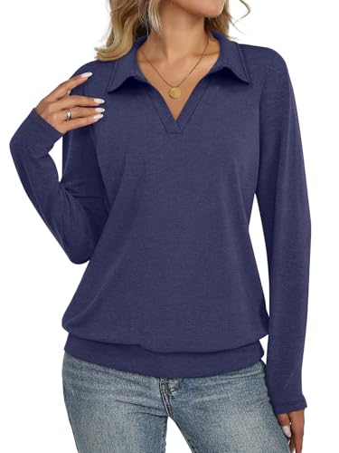 TICTICMISS Womens Polo Shirts Long Sleeve Banded Bottom Tops Business Casual Tops Collared V Neck Blouses Navy Blue
