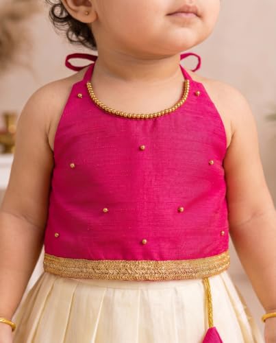 Image of Stanwells Kids Baby Girl Dress Cream Gold Pattu Pavadai Cotton Silk Lehenga Choli Kerala Kasavu South Indian Onam Festival Traditional Ethnic Wear