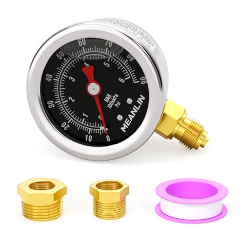 MEANLIN MEASURE 0~6Bar/0~90Psi Manómetro de acero inoxidable 1/8' BSP 1.5' FACE DIAL, relleno de glicerina, relleno de líquido, montaje inferior (negro) con casquillo hexagonal 1/4' BSP y 3/8' BSP