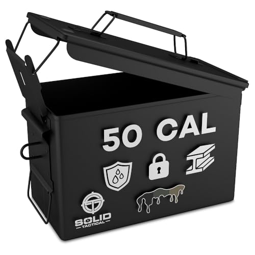 Solid Tactical Lockable 50 Cal Metal Ammo Storage Box Black - Military & Army Steel Ammo Can for Ammunition Storage - Waterproof Ammo Crate Utility Bo
