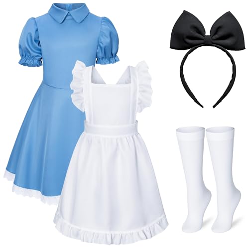 Irtysh Girl Blue Dress White Apron Halloween Cosplay Costume With Bow Hair Band Stockings Set