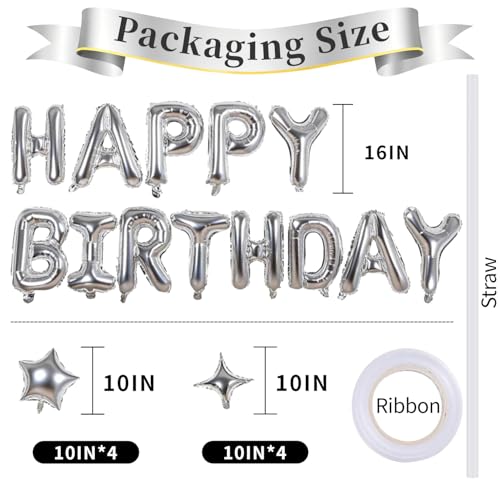Image of Silver Happy Birthday Balloons Banner 16 Inch Mylar Foil Letters, 10 Inch Five & Four Star, Inflatable Party Decor and Birthday Decorations for Women, Men, Boys & Girls Kids and Adults, Party Supplies
