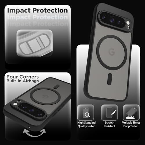 Image of RIGGEAR Shockproof Sleek Hybrid Armor Magnetic Back Cover Case Compatible with MagSafe Accessories for Google Pixel 9 Pro (Smoke Black Matte PC + Black TPU Bumper)