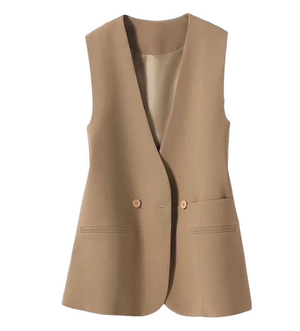 Chaleco largo con cuello en V para mujer, sin mangas, con doble botonadura