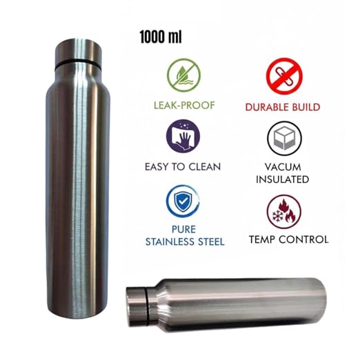 Image of Stainless Steel Water Bottle 1000ml | Single Wall Fridge Bottle | Leakproof Lid | BPA-Free & Rust-Resistant | Lightweight Metal Bottle for School, Office, Gym & Travel | Silver (1ltr)