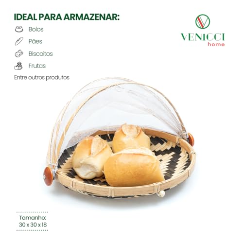 Cesto Porta Pão Bolo Retangular e Cesto Porta Pão Bolo Redondo Bambu Cobertura Retrátil