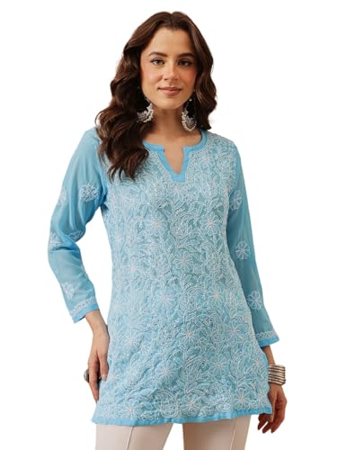 Image of Ada Women's Georgette Regular Fit Chikankari Hand Embroidered Lucknow Short Kurti Top A911224