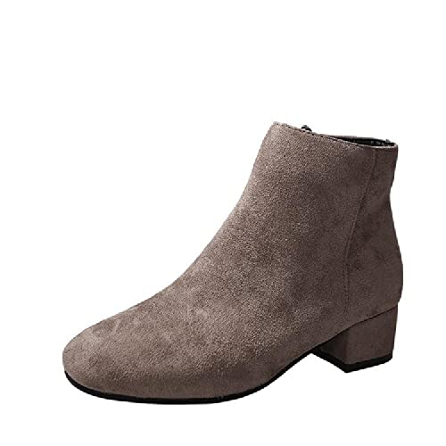 JUNSHANG Botas Cortas de Ante con tacón Grueso y tacón Medio para Mujer, Botines Chelsea de Ante de Piel sintética para Mujer para el Trabajo Escolar,Brown- 41 Cover