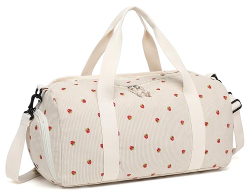 LOIDOU Bolsa de Viagem para Meninas, Mulheres, Academia, Dança, Pequena, com Compartimento para Sapatos e Bolso Molhado, Bege Morango