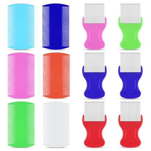 12 Pcs Lice Comb, Flea Comb Double Sided Plastic and Metal Nit Combs for Lice Fine Teeth for Dandruff Removal Lice Combs for Kids Adults Pets