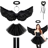 5 Stück Engel Kostüm Damen Set,80CM Engelsflügel Schwarz Erwachsenes,Engel Teufel Kostüm Damen,Engelsflügel mit Tütü Rock,Heiligenschein Zauberstab und Kniestrümpfe,Fasching Verkleidung (Schwarz-A)