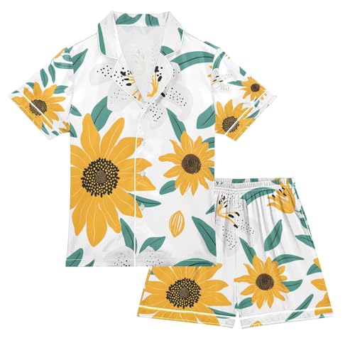 senya Sunflower and Lily Prints Satin Summer Pajama Sets Silk Short Sleeve Button Down Sleepwear