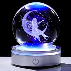 Movdyka 3D Crystal Ball Moon&Fairy Figurines Decor Gifts for Women Girls | Laser Eatch Glass Fairy Figurine Snow Globe Home Decor Crafts with LED Base for Kids Adult on Birthday Christmas - 3.15