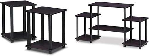 Furinno Simplistic - Juego de 2 mesas auxiliares, nogal oscuro y centro de entretenimiento sin herramientas, redonda, esquina cuadrada, nogal