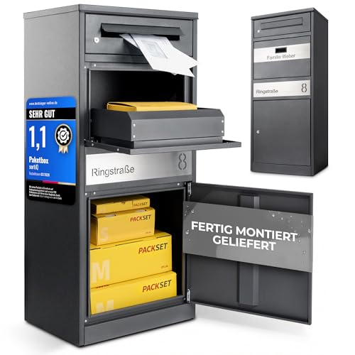 Paketbox Draussen Groß XXL (Anthrazit) | Briefkasten mit Paketfach Freistehend | 100% Wasserdicht & fertig Montiert | Diebstahlschutz Paketbriefkasten für Zuhause (DB703 Eisenglimmer)