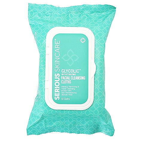 Serious Skincare Glycolic Retexturizing Facial Cleansing Cloths for Makeup Removal and Cleansing | Face Wipes | 1-Pack, 30 Wipes