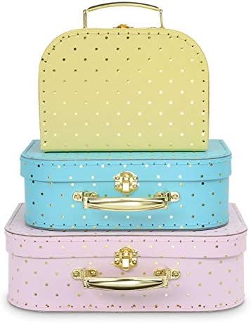 Jewelkeeper Paperboard Vintage Suitcase - Set of 3 Decorative Vintage Luggage - Storage Cardboard Suitcase - Mini Luggage Gift Box for Birthday or Wedding - Gold Foil Polka Dots