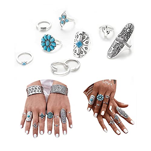Yean Boho Ring Set Silver Statement Rings Joint Knuckle Ring Set Midi Stacking Rings for Women (Pack of 9) (Boho)