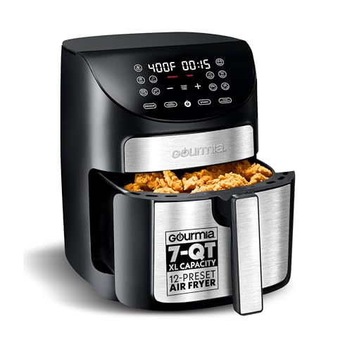 Gourmia Air Fryer - 7 Qt Large Capacity, FryForce360º, Digital Display with 10 Presets, Roast, Bake, Broil, Dehydrate, Dishwasher Safe Accessories, Black
