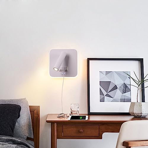 Image of USB Charging Port Wall Wash Light White Bed LED with Interior Wall Adjustable Spotlight Reading lamp Wall lamp Bedroom Indoor Bedside Lamp 3000K (3W + 10W)