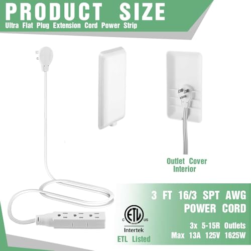 Flat Plug Extension Cord 3FT with Outlet Covers Baby Proofing,Ultra Thin Outlet Concealer with 3 Outlet Power Strip Universal Size for Home,Bedroom,Kitchen,Bathroom with ETL Listed,White by Znknthr - Used condition - CA$19.92