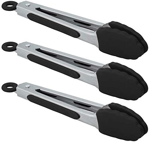 HINMAY Small Serving Tongs with Silicone Tips 7 Inch Mini Stainless Steel Food Tongs, Set of 3 (Black)