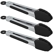 HINMAY Small Serving Tongs with Silicone Tips 7 Inch Mini Stainless Steel Food Tongs, Set of 3 Black