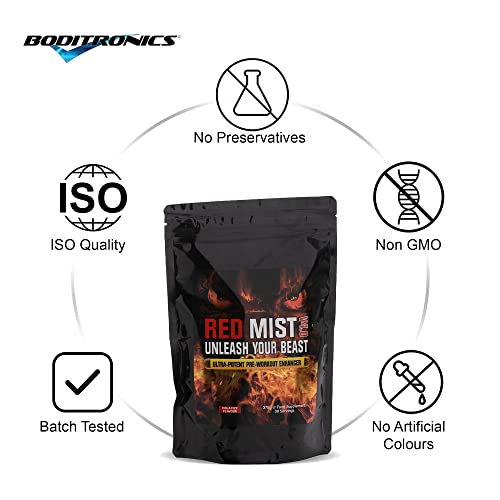 Boditronics RED Mist V4 375g Pre Workout Supplement with Citrulline Malate, Beta Alanine, Taurine, L-Arginine AKG, Creatine HCl, L-Tyrosine, Caffeine and Pine Bark Extract |Pre-Workout Powder - Image 6