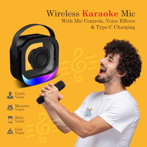 Image of pTron Fusion Moment V2 10W Mini Bluetooth Speaker with Wireless Karaoke Mic, Pristine Sound, RGB Lights, Funny Voice Change Effects, 6Hrs Playtime, Bluetooth V5.3 & Type-C Fast Charging Port (Black)