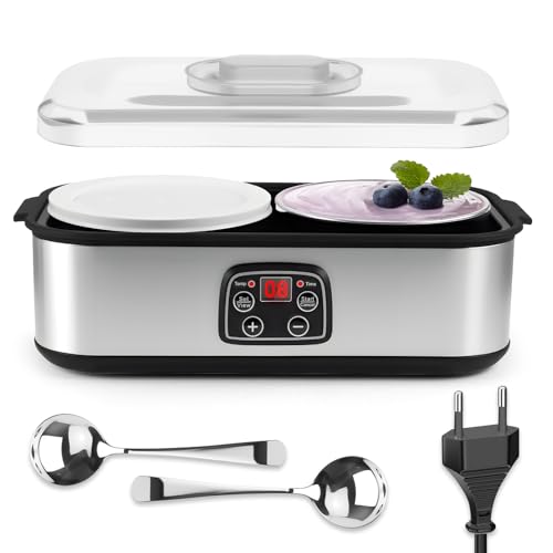 2L Yogur Eléctrico Máquina para Hacer Yogur, Mermelada Helado y Pudín con 2 Tarrinas de Vidrio, Temporizador Digital, Control de Temperatura Preciso (20-55°C), Fermentadora de Acero Inoxidable 304