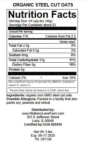 Avena en Grano Orgánica Steel Cut 5 Lb, Mulberry Lane Farms miniatura 2