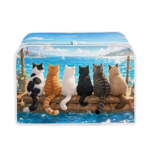 Image of Talayituse Cat Sea Beach Print 2 Slice Toaster Dust Covers Kitchen Small Appliance Cover, Stain Resistant Dust Protection Bread Machine Cover with Top Handle, S