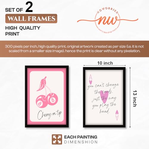 Image of NoWorries Pink Playing Cards Wall Painting Set | Cherry on Top and Ace Quote Art Prints | Aesthetic Card Theme Wall Decor | Premium 300 GSM Paper Print with Synthetic Wooden Frame | Modern Decor for Bedroom & Living Room (Set of 2) (BLACK, ART-4, 10X13INCHES)