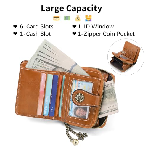 Image of Small Wallet for Women Leather Bifold Compact RFID Blocking with Zipper Coin Pocket
